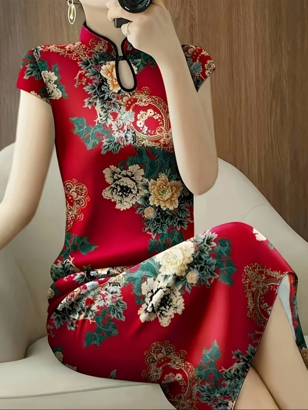 Red Floral Mandarin Collar Dress